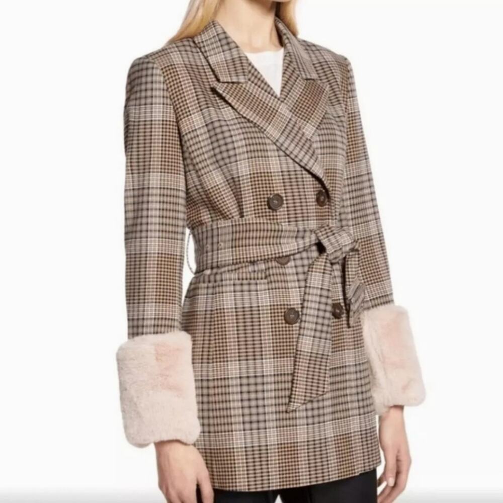 Halogen X Atlantic-Pacific Neutral Houndstooth Plaid Double Breasted Belted Coat